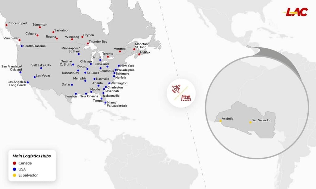 Map of Key Logistics Hubs of North America ↔ El Salvador Trade