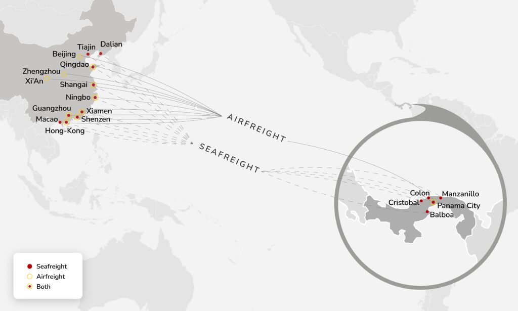 Cargo & freight shipping from China to Panama by Air Charter or Ocean Container - Main POL, POD & Routes