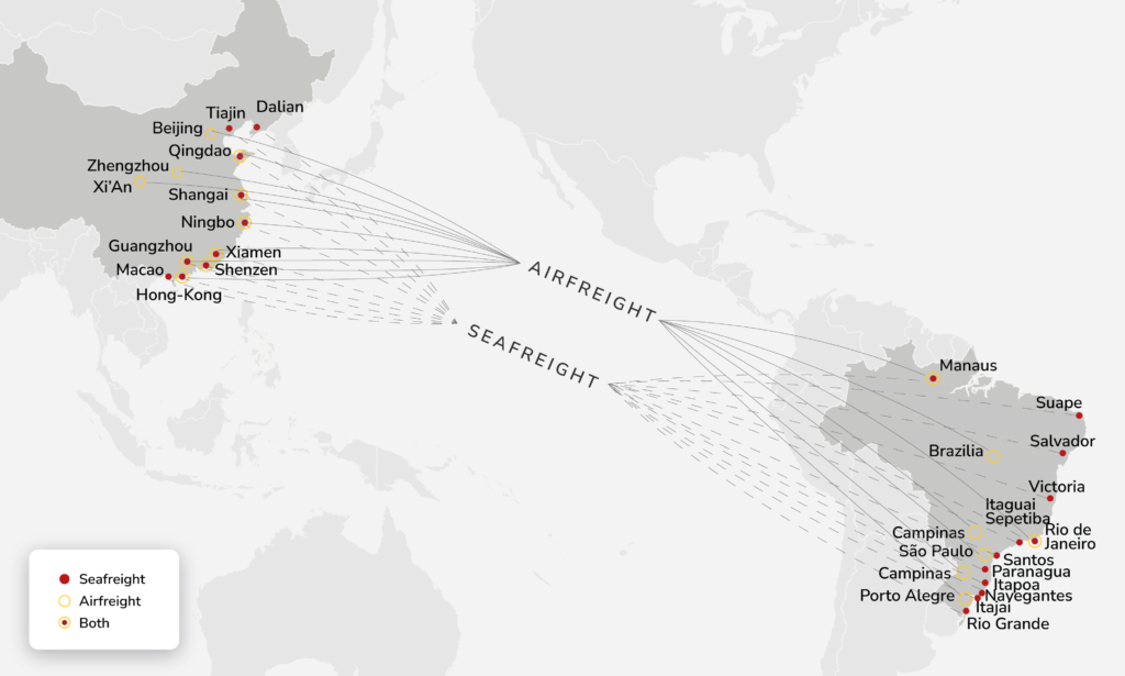 Cargo & freight shipping from China to Brazil by Air Charter or Ocean Container - Main POL, POD & Routes