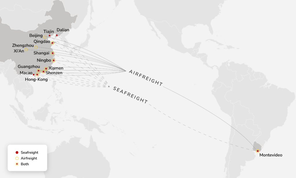 Cargo & freight shipping from China to Uruguay by Air Charter or Ocean Container - Main POL, POD & Routes