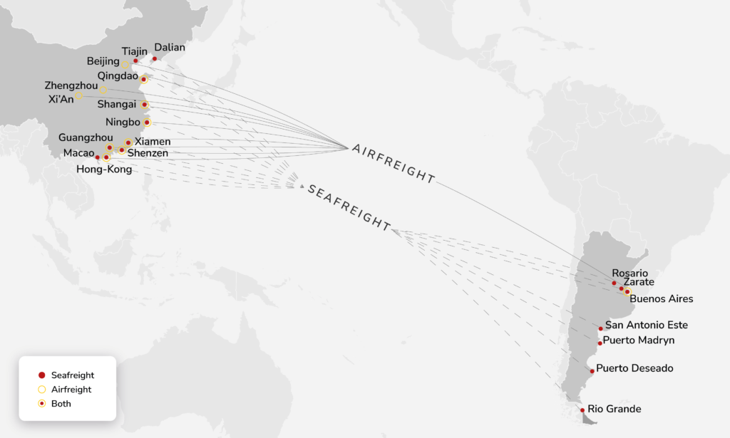Cargo & freight shipping from China to Argentina by Air Charter or Ocean Container - Main POL, POD & Routes