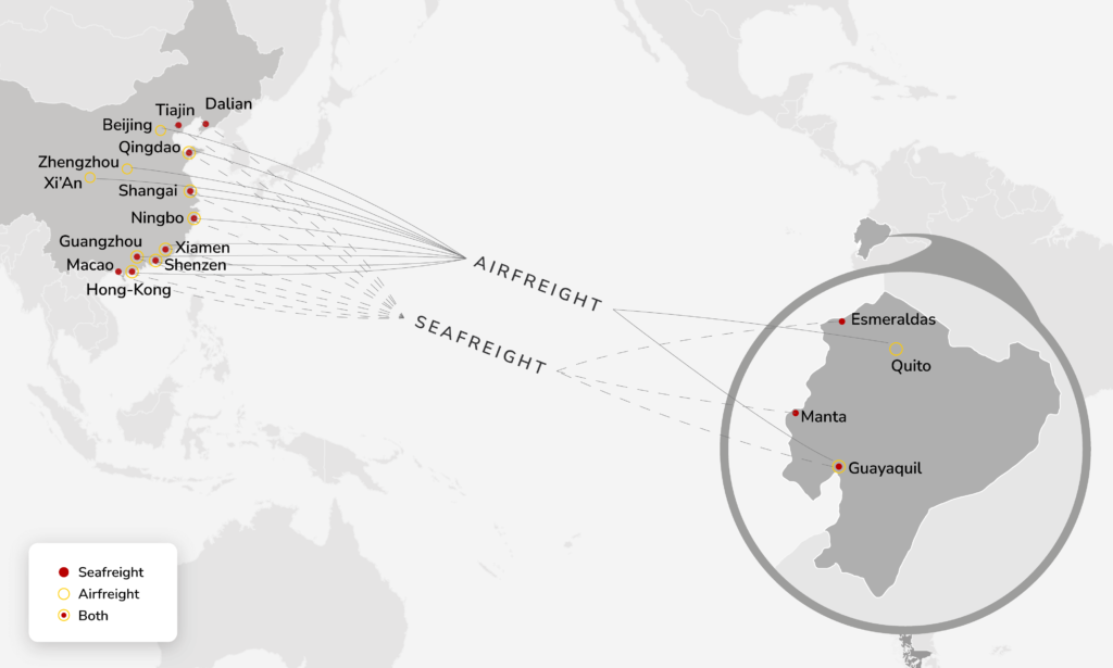 Cargo & freight shipping from China to Ecuador by Air Charter or Ocean Container - Main POL, POD & Routes