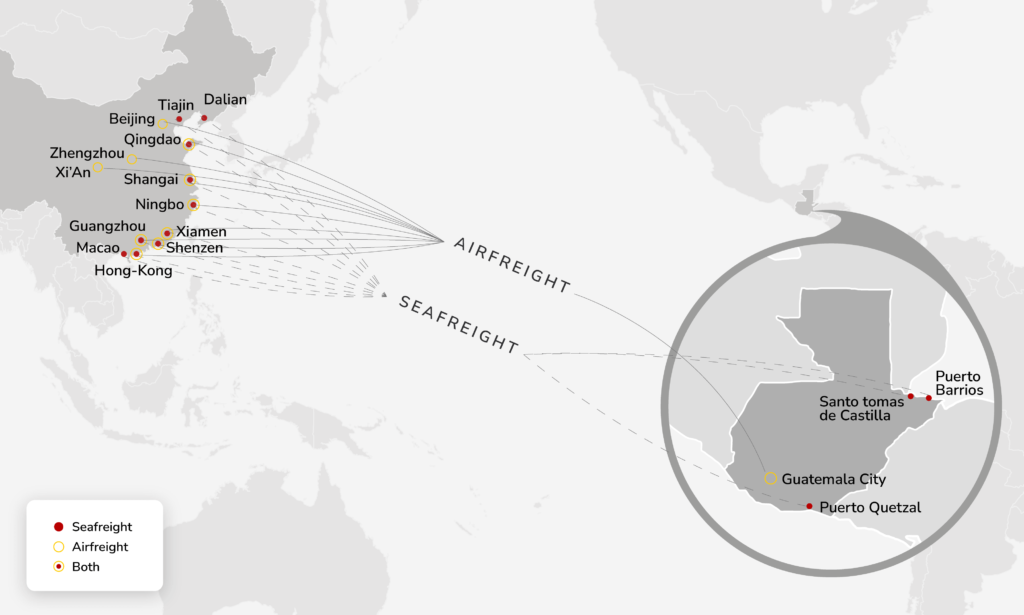 Cargo & freight shipping from China to Guatemala by Air Charter or Ocean Container - Main POL, POD & Routes