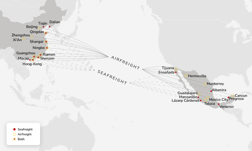 Cargo & freight shipping from China to Mexico by Air Charter or Ocean Container - Main POL, POD & Routes