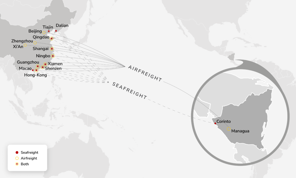 Cargo & freight shipping from China to Nicaragua by Air Charter or Ocean Container - Main POL, POD & Routes