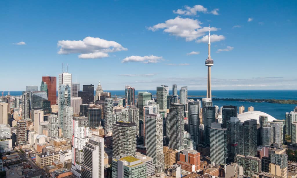 Toronto, Ontario, Canada, Aerial View of Toronto Cityscape Showing Landmark Buildings in the Financial District Freight shipping from Toronto