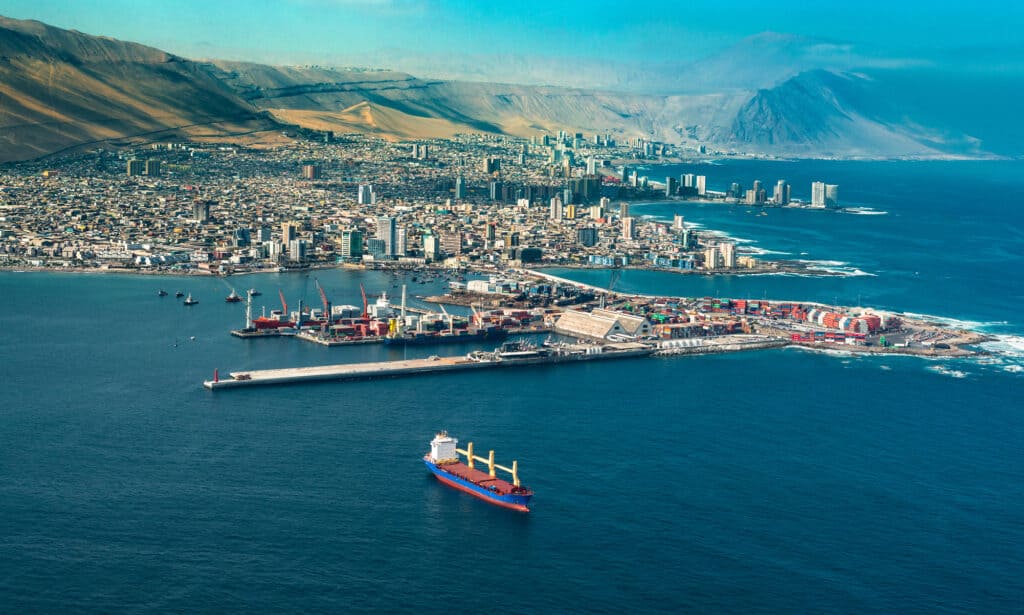 Aerial view of the ocean freight shipping port of Iquique