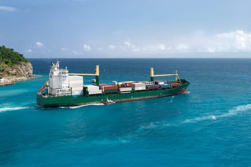 Loaded container ship leaving Saint Martin / Sint Maarten island