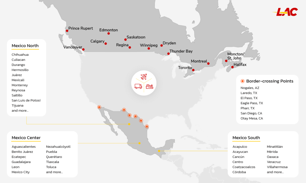 Main Border Crossing Points for freight transport between Canada and Mexico