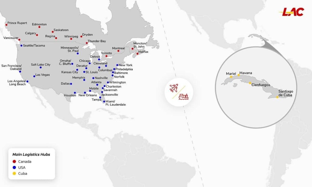 Map of Key Logistics Hubs of North America - Cuba Trade - shipping to cuba