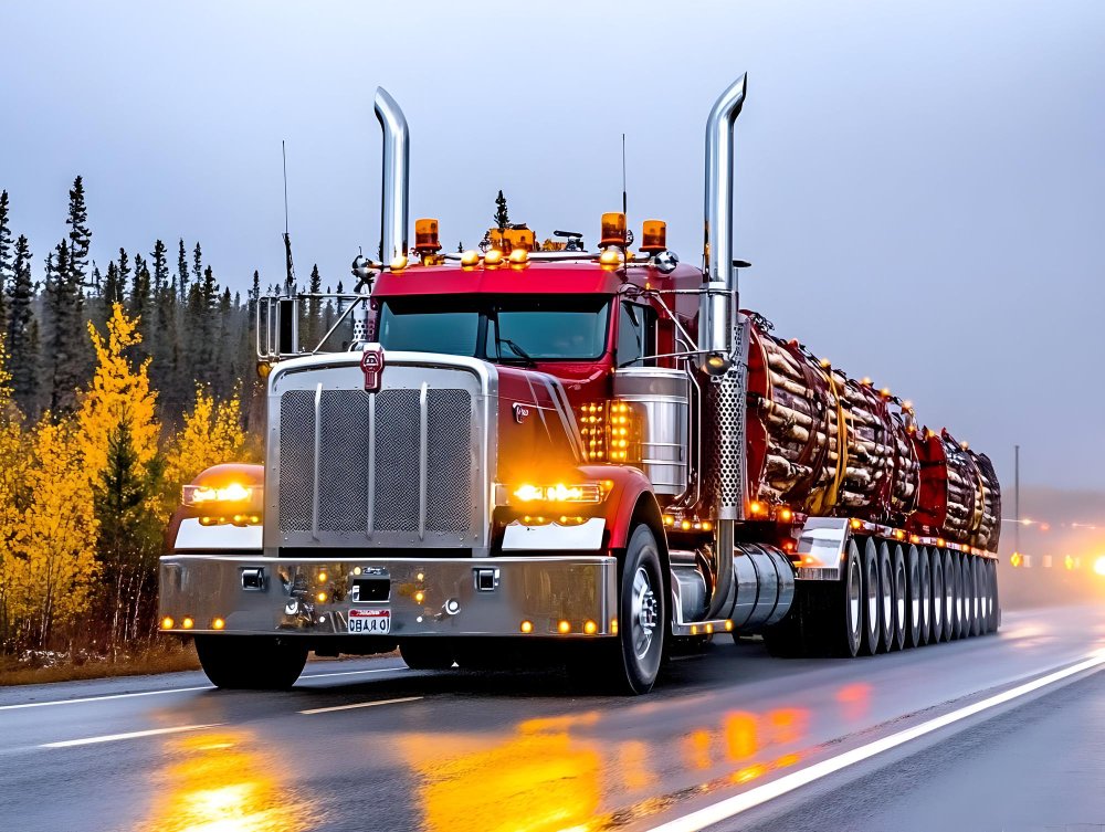 Red logging truck hauling timber on a wet highway past autumn trees.